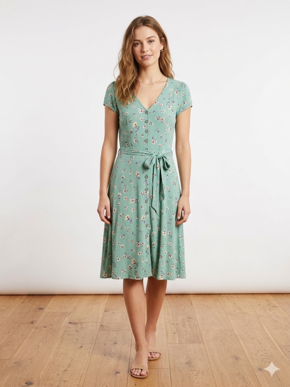 SOLD Floral Wrap Midi Dress in Mint Green with Self-Tie Waist